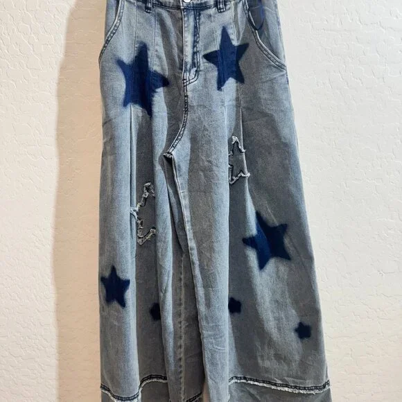Blue Velvet STAR PATCH WIDE LEG STRETCHY DENIM PANTS NEW - Picture 4 of 5